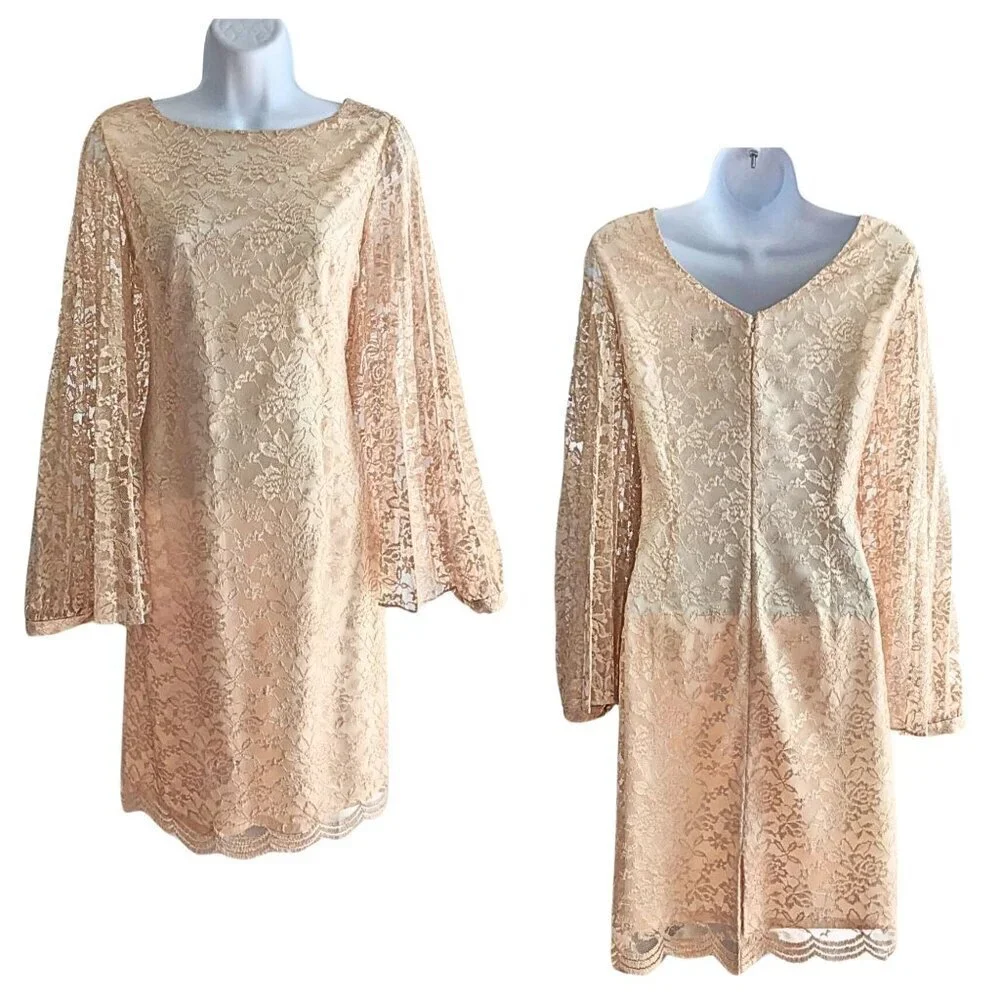Angelic TAHARI ARTHUR S LEVIN Champagne Satin Georgette Angel Sleeve Lace Overla
